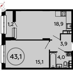Однокомнатная квартира 43.1 м²