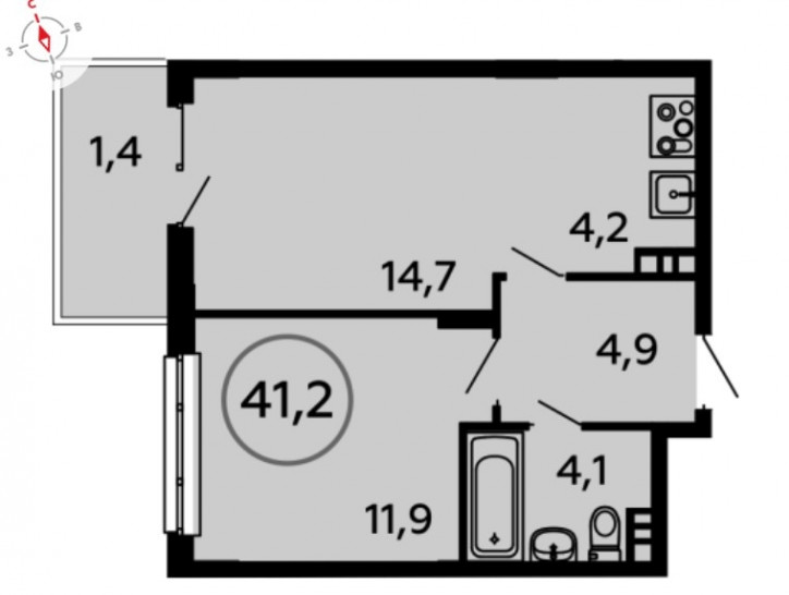 Двухкомнатная квартира 41.2 м²