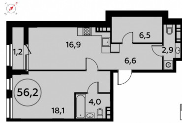Двухкомнатная квартира 56.2 м²