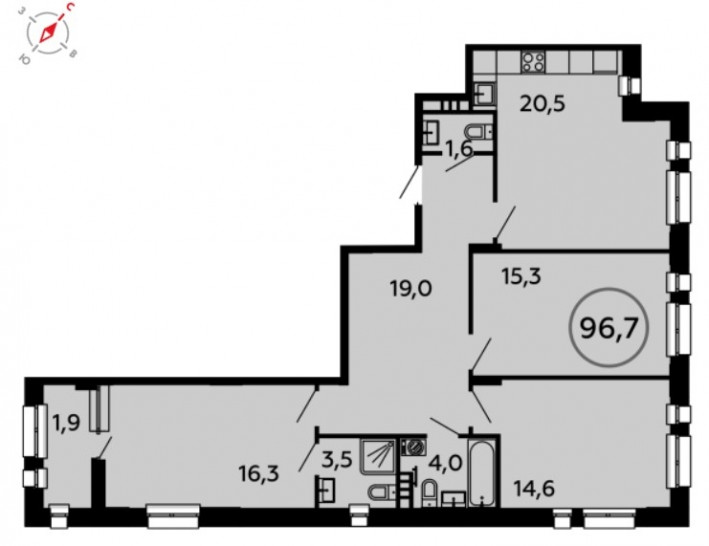 Трёхкомнатная квартира 96.7 м²