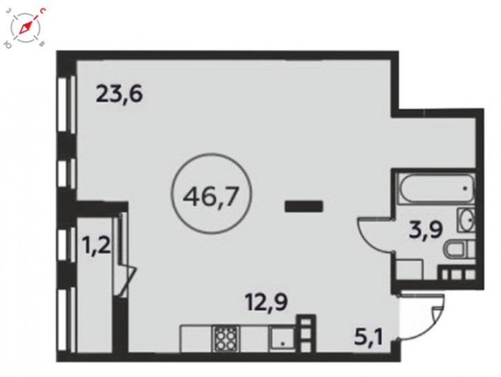 Студия 46.7 м²